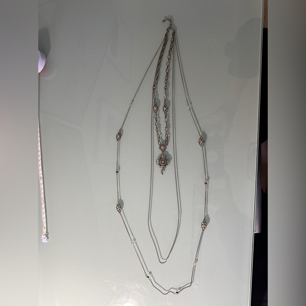 3 Layered Silver and Gold Necklace with Crystal Accents